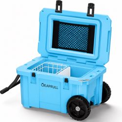 55 Quart Cooler with Wheels, Ice Chests Portable Camping Cooler Holds Ice up to 6 Days, Leak-Proof Outdoor Insulated Cooler with Handle, Cup Holders, 