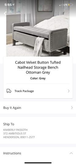 $250 Cabot Velvet Button Tufted Nailhead Storage Bench Ottoman Grey Bedroom or End of bed