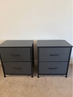 Set of 2 black gray nightstands with 2 fabric drawers
