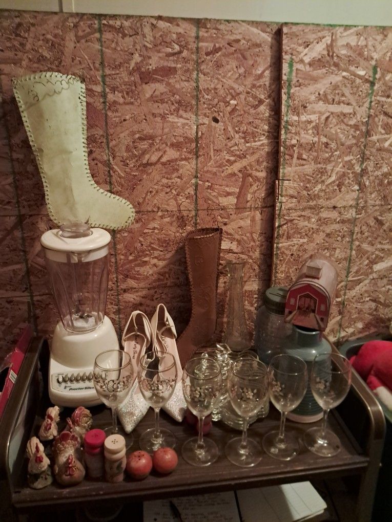 Box Lot Of Twenty Eight Assorted Items Metal Boots Blender Snacks Platter Salt And Pepper Shakers Set Money Bank Vases Wine Glasses Chickens 
