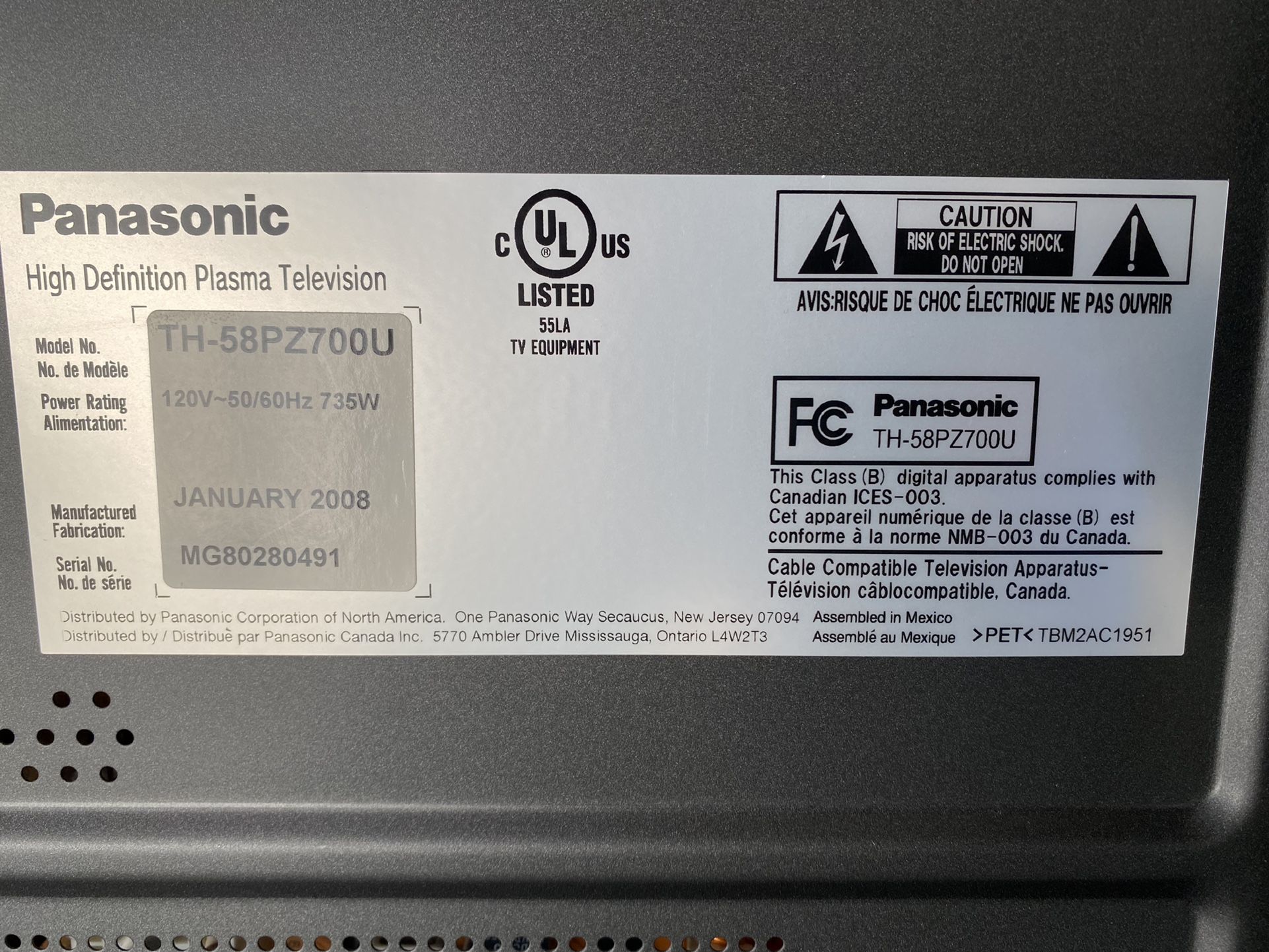 Panasonic Viera Plasma HDTV (58-Inch) (1080p) (2008) | LIST PRICE