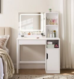 Vanity Table with Lighted Mirror and Storage. Assembly required.