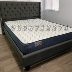 QueeN Gray Wingback Button Tufted Bed w. orthopedic Mattress included