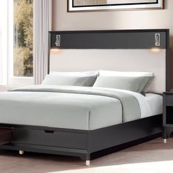 Black Wooden Platform Bed With Lights On Headboard