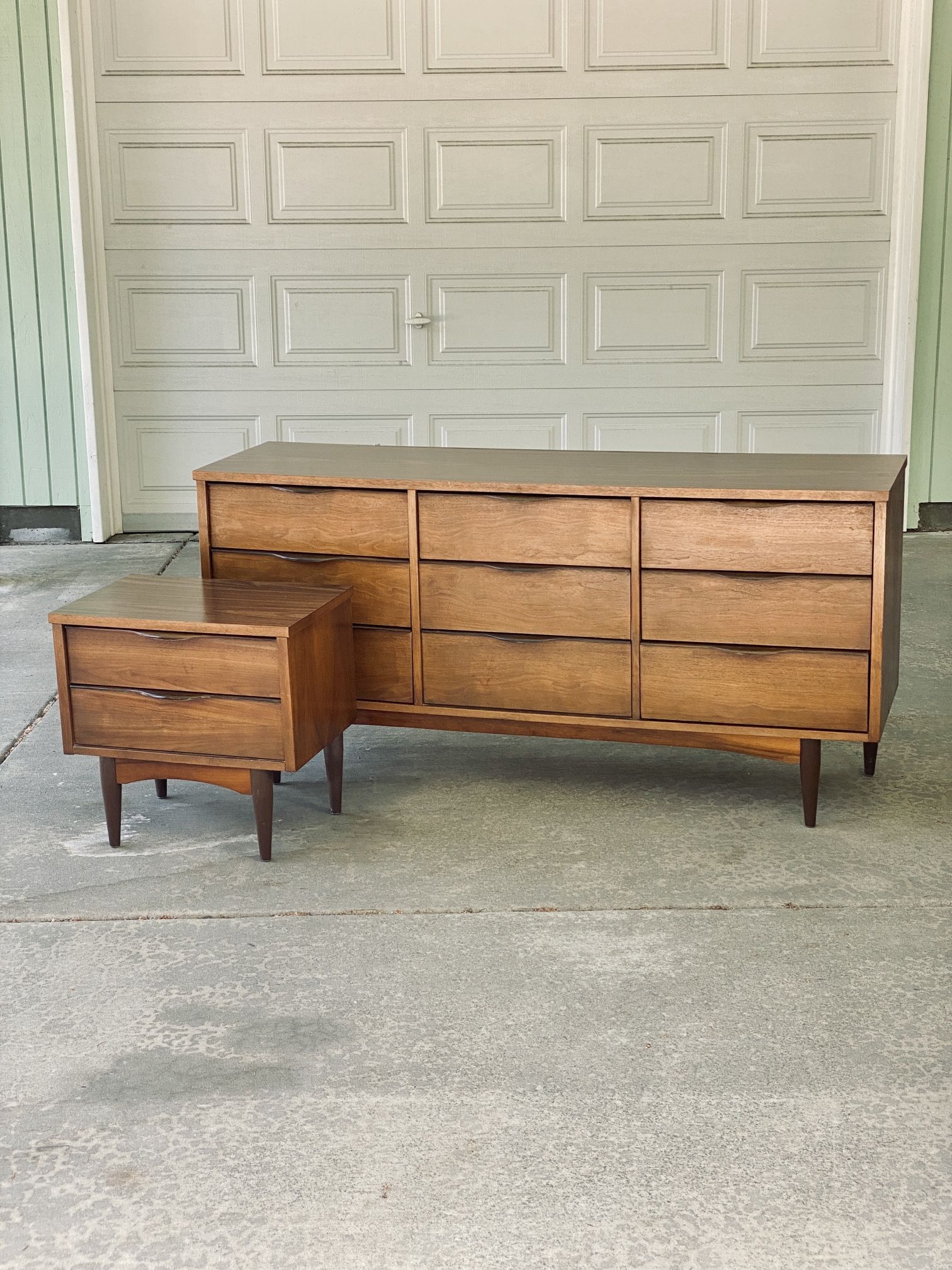 Mid Century Walnut Lowboy Dresser and Nightstand Set