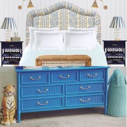 Genuine Dixie faux bamboo and wicker dresser with 7 drawers is in its original white & beige finish