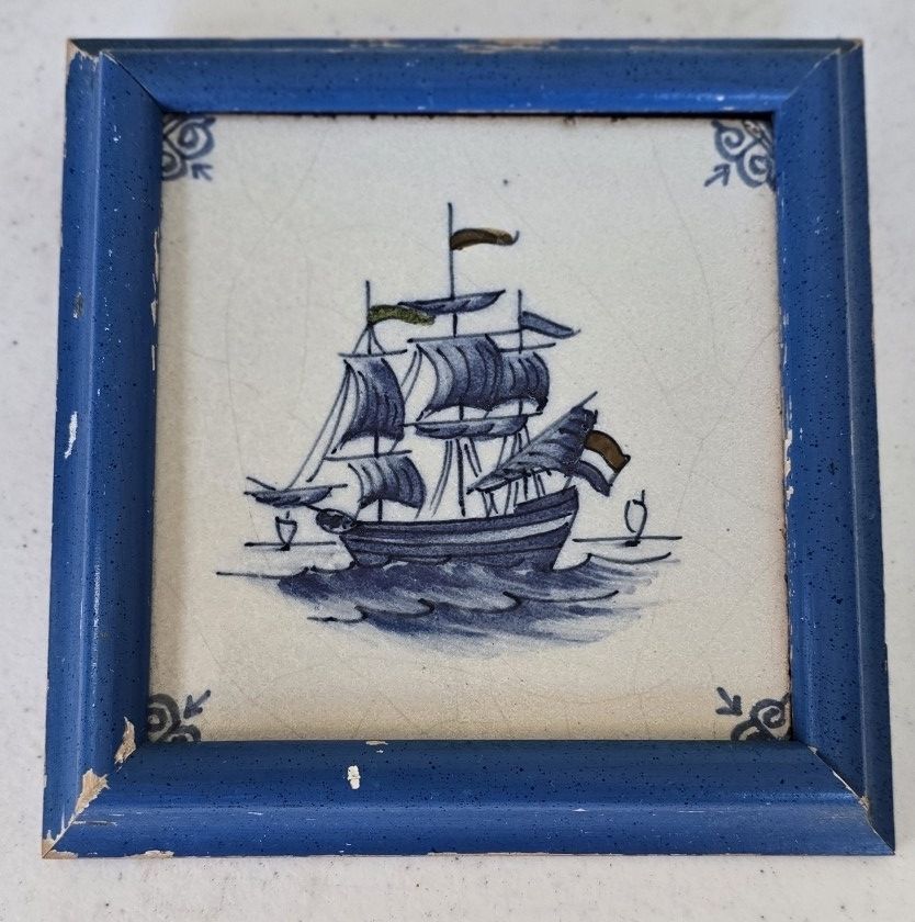 Framed Delft Sailboat Tile with Large mastsFramed Delft Sailboat Tile.