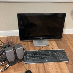 Monitor And Keyboard And Speakers And Mouse With All The Wires To Connect Them