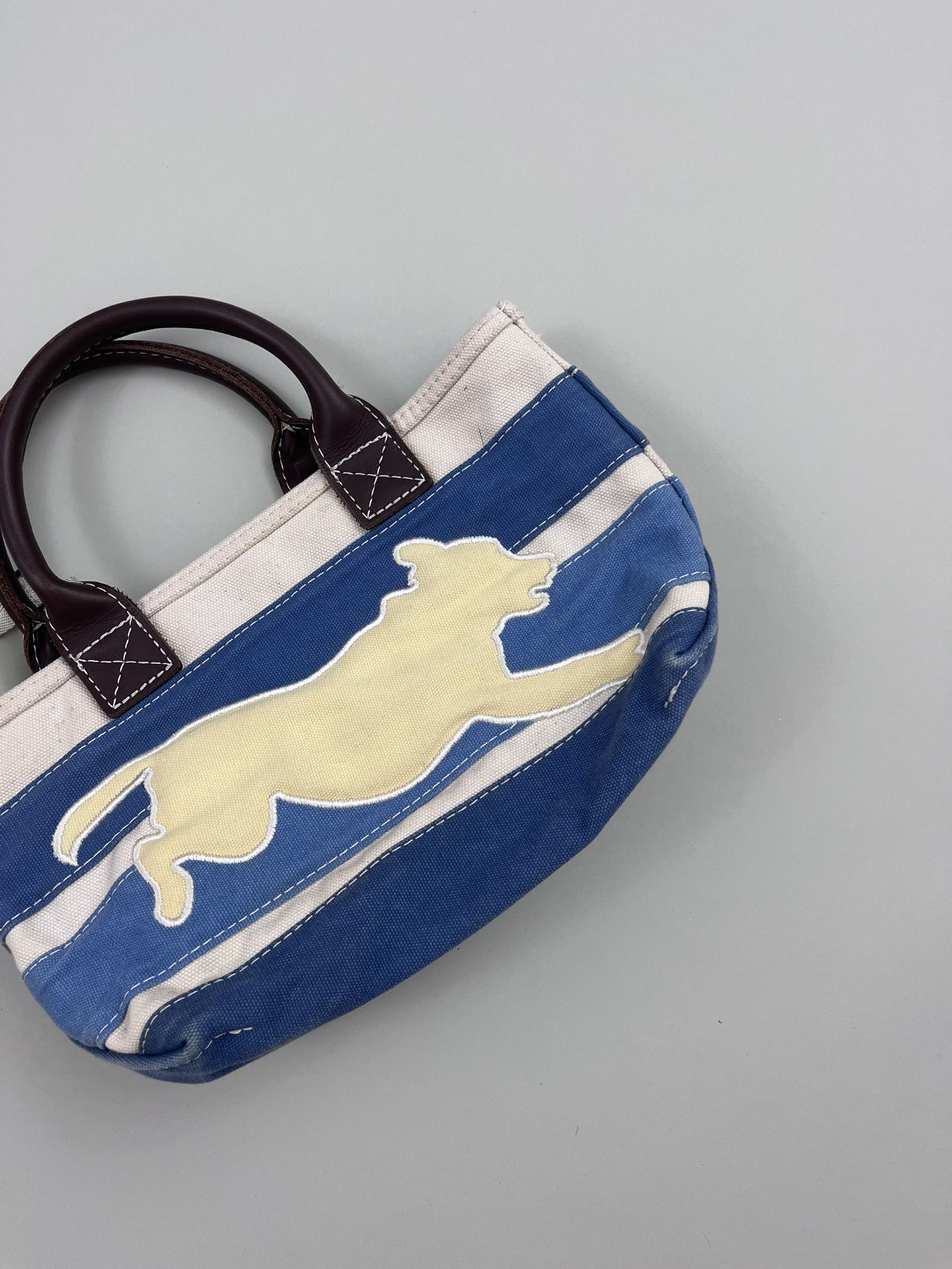 Rare Vintage LL Bean Boat & Tote Bag - Dog & Stripes with Leather Handles