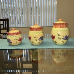 Pfaltzgraff kitchen 3 jar set, canister set with lids. Hand painted pottery, ceramic set.  Series: NAPOLI