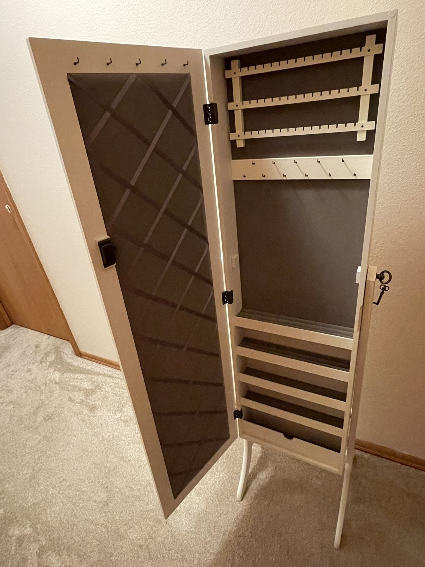 Standing Mirror Jewelry Cabinet Cream Locking