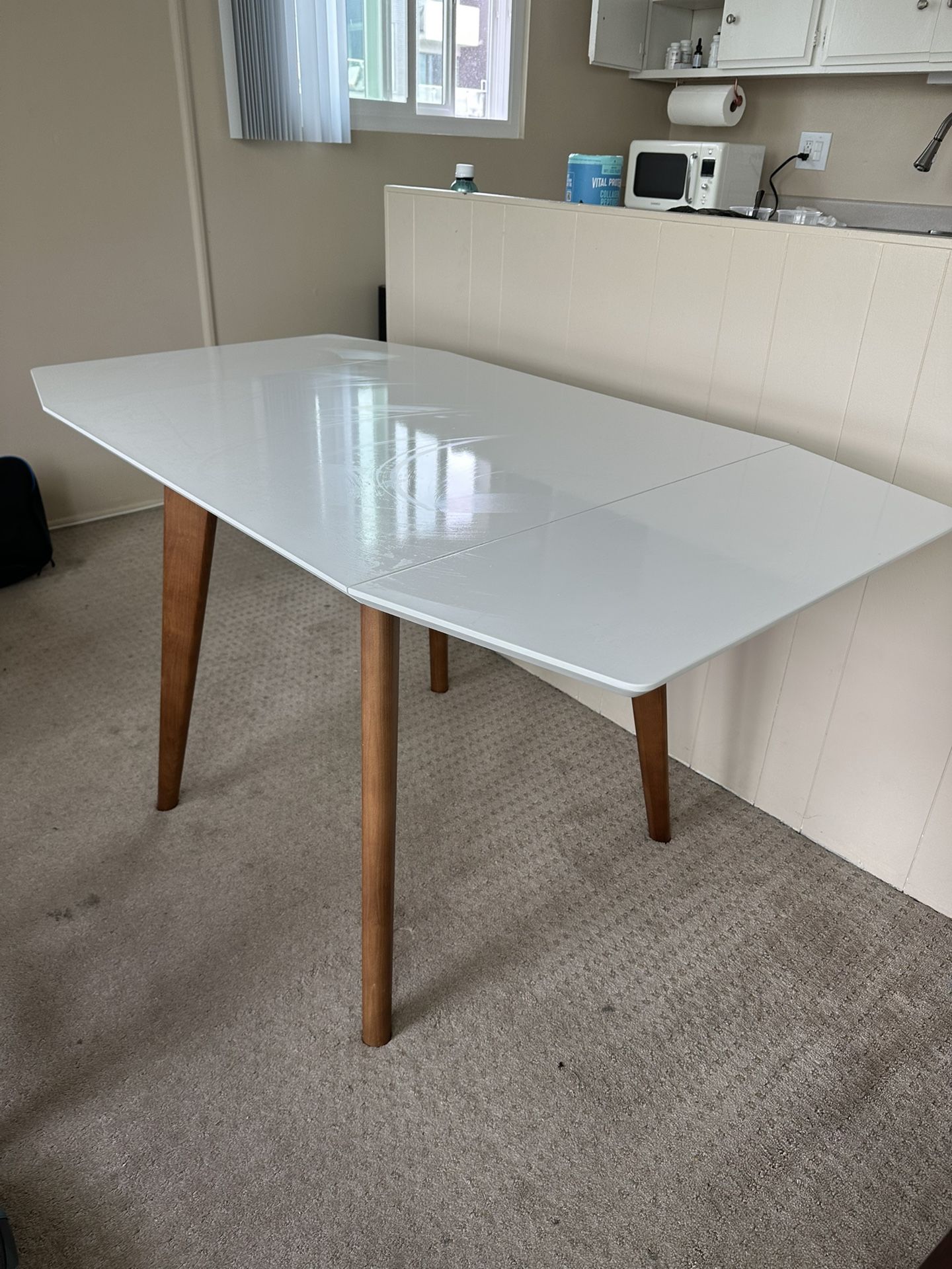 Mid-Century Modern White Dining Table with Wood Legs
