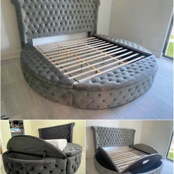 Brand New King / Queen Tufted Tall Headboard W/ Storage Space Bed. Available In Black And Gray