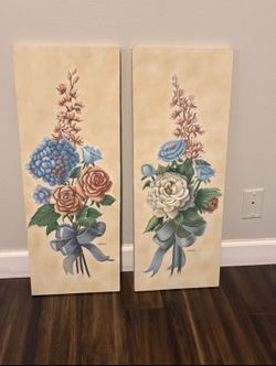 Beautiful Pair Of 2 Original Canvas Floral Flower Paintings Joan Cole