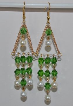Handmade green bicone white pearl gold plated chandelier earring