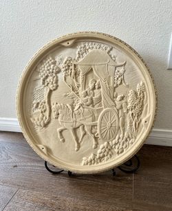 Vintage Chinese High-relief Horse Carriage Faux Cinnabar 16.5 Inch Diameter 