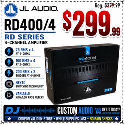 JL Audio RD Series 4 Channel Speaker System Amplifier RD400/4 NextD Switching Technology 800 Watts Max 🚨 Payment Options Available 🚨 No Credit Neede