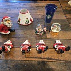 Christmas decor Santa stocking holder, snow globe, wine, candle, Starbucks lot