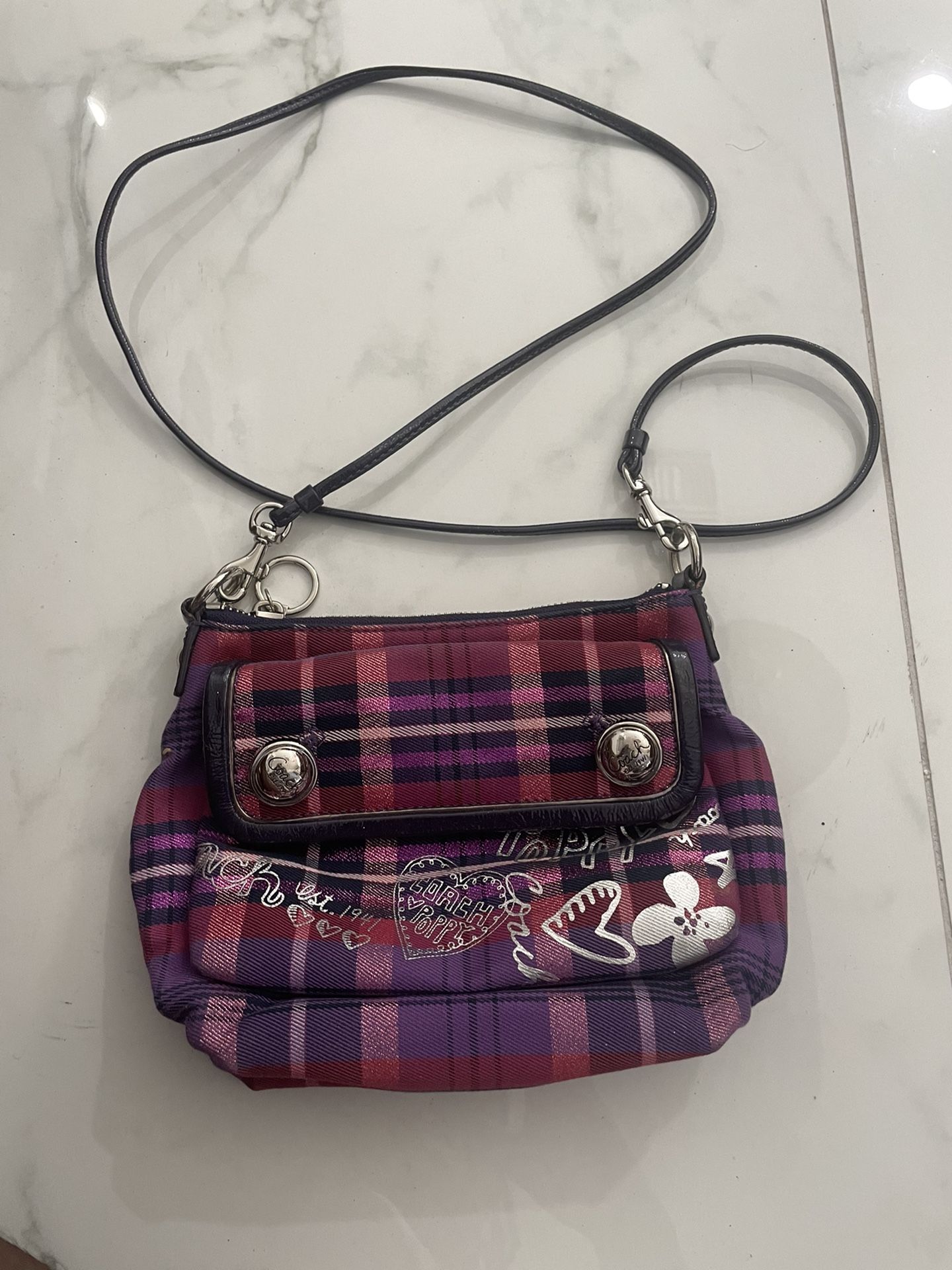 COACH POPPY TARTAN PLAID  HOBO BERRY SILVER BAG Rare 