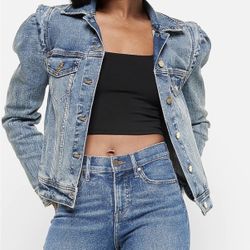 Express Puff Shoulder Denim Jacket in Blue Size M