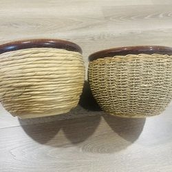 2 Wicker Ceramic Pots Planters 9Hx7W
