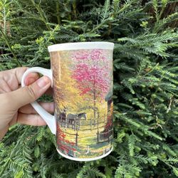 Thomas Kinkade Forest Cottage Horses Flowers Ceramic Coffee Cup Mug 2003