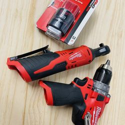 Milwaukee m12 3/8” ratchet, m12 fuel hammer drill and m12 2ah battery 