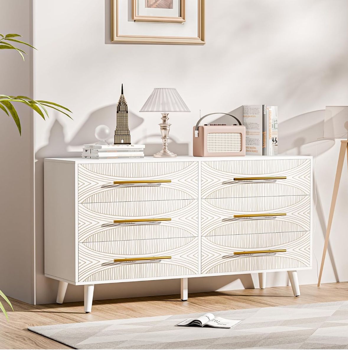 White Dresser for Bedroom with 6 Drawers, Wide Chest of Drawers, Double Wood Dressers TV Stand for 50" TV, Storage Cabinet for Living Room, Dorm, Hall