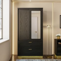 71" Wardrobe Closet with Hanging Rod for Adult, Modern Black Armoire with Sliding Doors Drawers, Space Saving Closet for Bedroom, Apartment