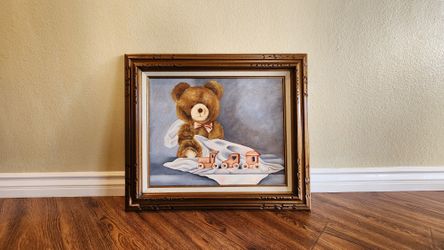 Teddy Bear And Train Painting On Canvas 27"W x 23"H