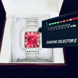 Ivory VVS1/DColor Moissanite Automatic Watch, Red Roman Numeral Sunburst Dial, GRA-Certified 18.58ct