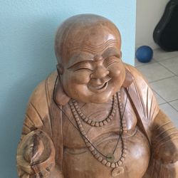 Large Hand Carved Wooden Laughing Buddha Statue