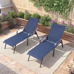 2-Piece Outdoor Chaise Lounge Metal Lounge Chair with Adjustable Backrest and Armrests