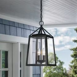 Blakeley 18" 2-Light Black Outdoor Hanging Pendant - New in Box - Clear Beveled Glass, Wet Rated