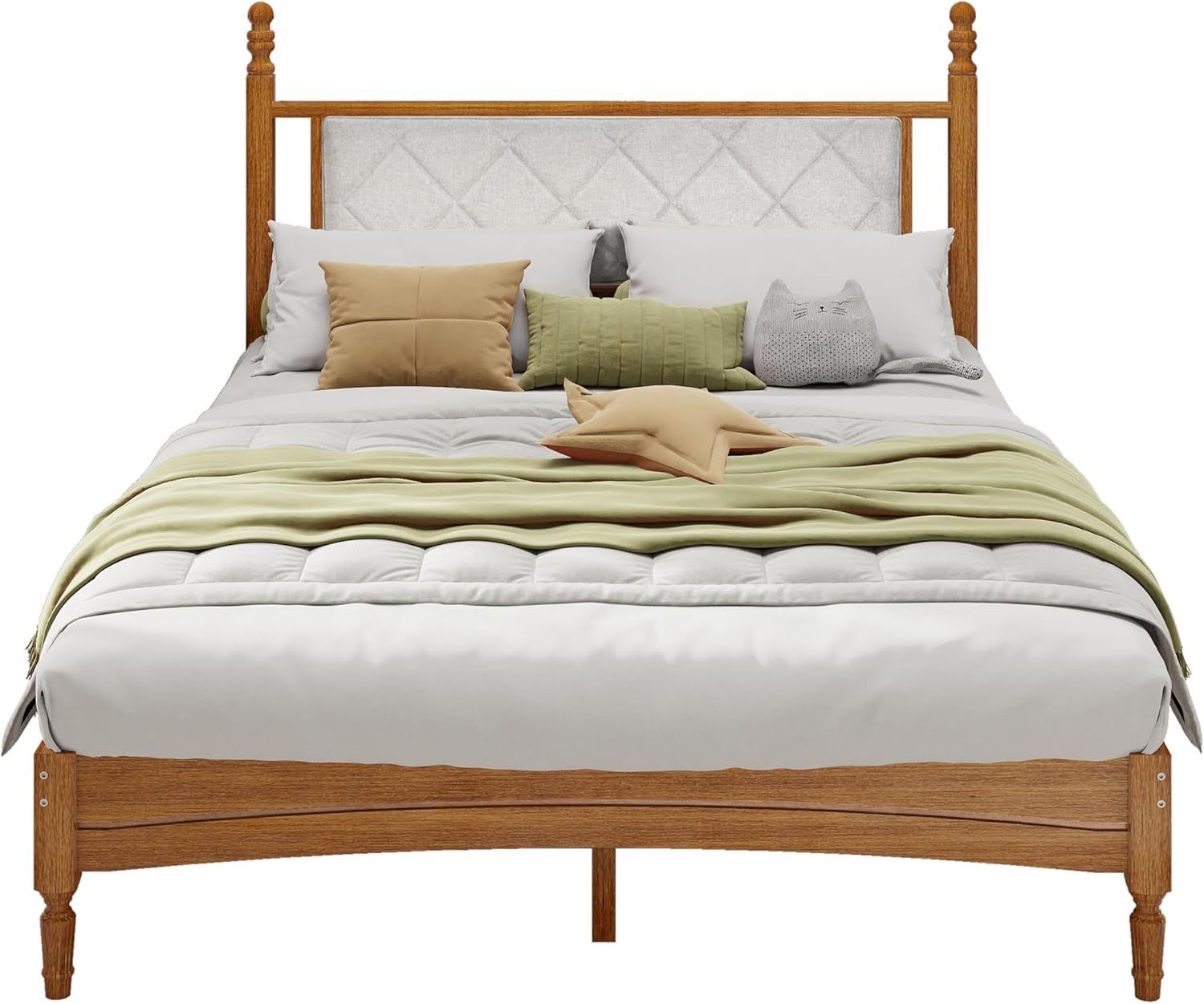 Full Bed Frame with Fabric Upholstered Headboard, Solid Rubber Wood Central Supports, Rustic Oak/ White