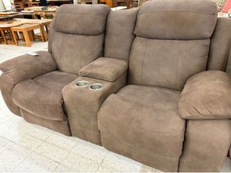 Brown Power Double Reclining Loveseat w/Middle Storage & Cup Holders