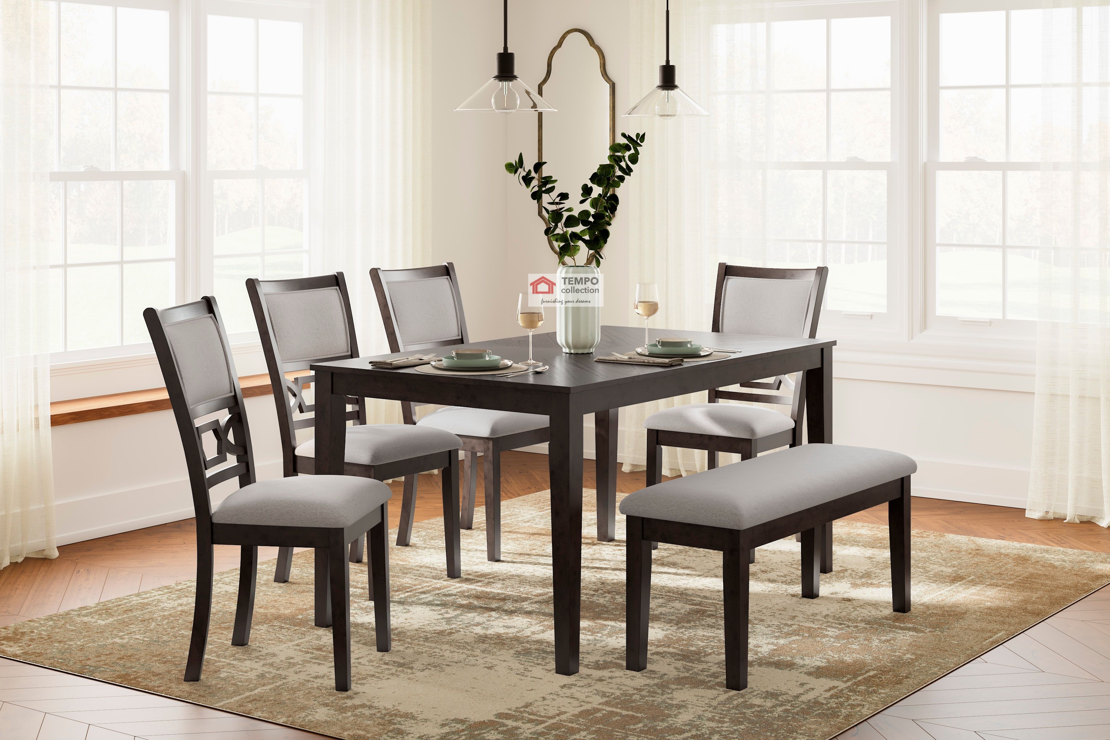 Dining Table SET 6 PC DINING HEIGHT BROWN, ANTIQUE WHITE and GRAY