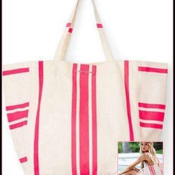 NEW LARGE VICTORIA'S SECRET PINK &WHITE STRIPE BEACH BAG CARRY ON ORGANIZER PURSE SATCHEL TOTE DUFFLE BAG