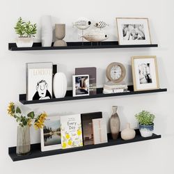 Picture Ledge Shelf 48 Inch, Black Floating Shelves for Wall Set of 3, Picture Shelf for Wall with Ledge, Long Floating Shelves with Lip, Photo Ledge 