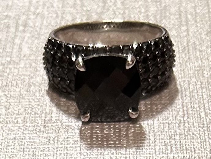 Black Spinel Cushion and Round Sterling Silver Ring