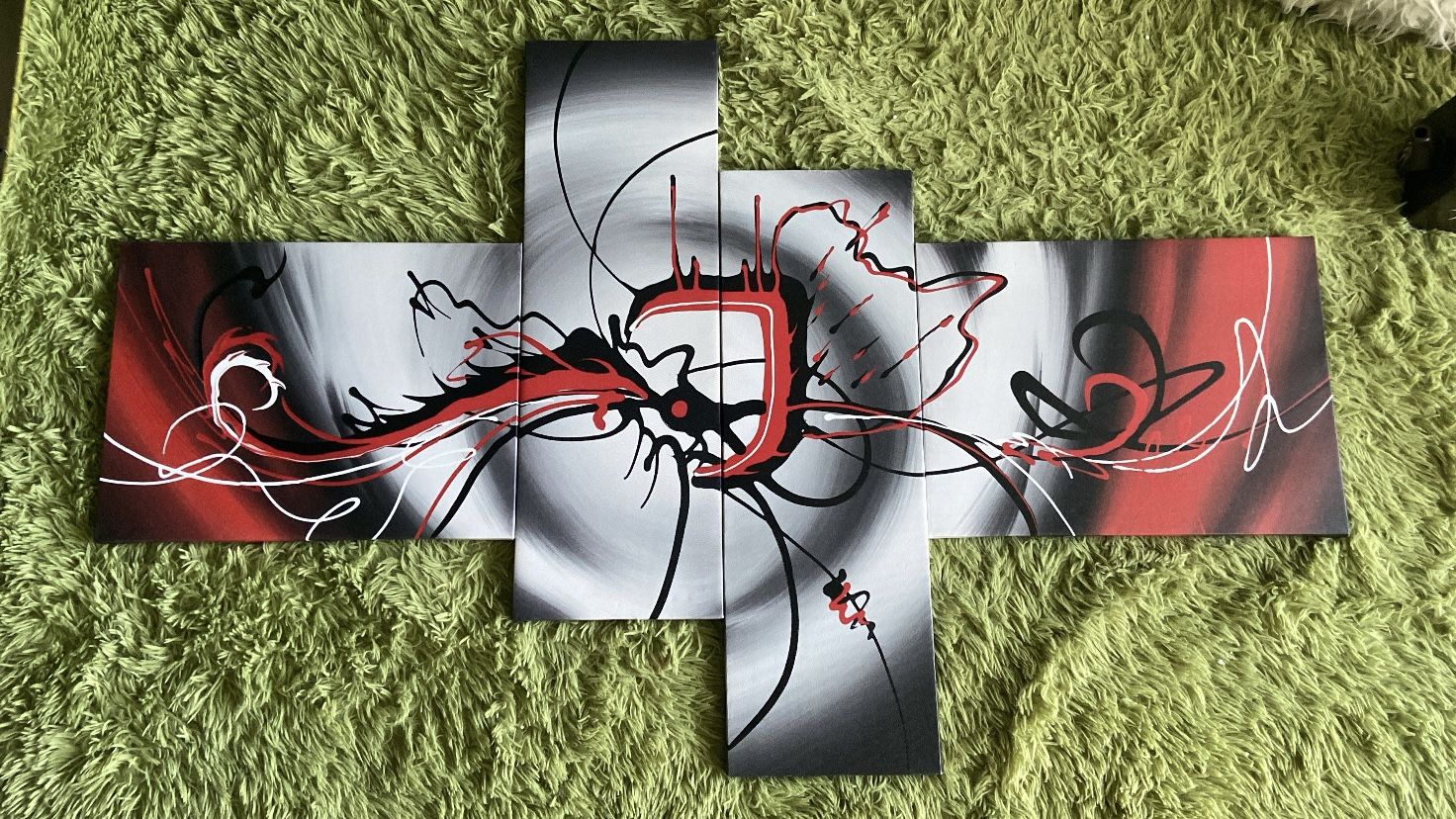 Modern 4-panel abstract wall art — sleek red, black, and silver