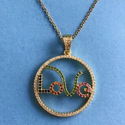 LOVE Pendant Necklace In Sparkling Multicolor Crystals On Adjustable 17.5” To 19.25” Chain *Pickup Boca Raton