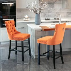 Set of 2 - Orange Velvet Tufted Bar Chairs  w/ Black Wooden Legs [NEW] <Assembly Req> 