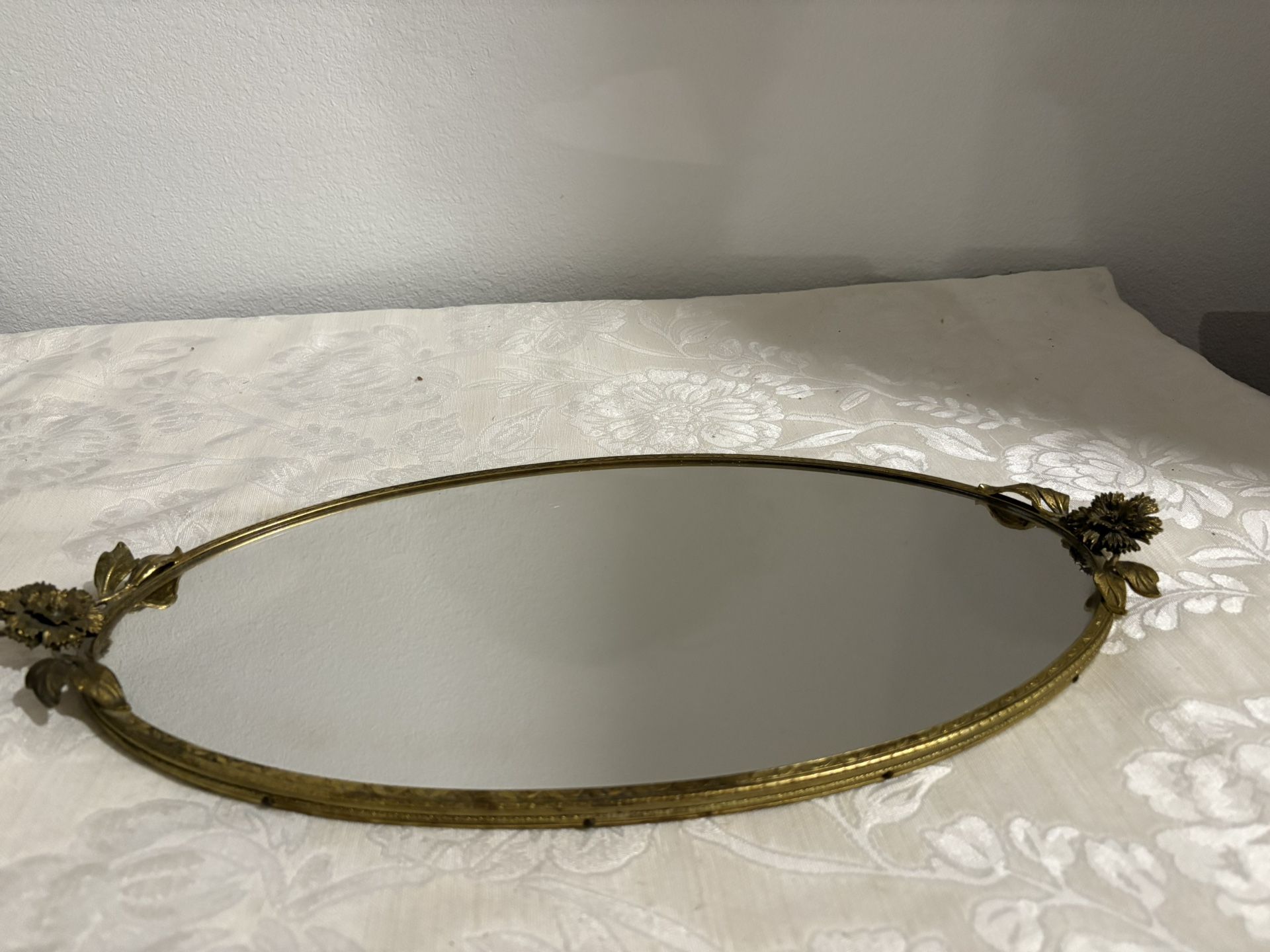 Globe 24 K Gold Plated Hollywood Regency Flower Handles Metal Edge, Oval Mirror Vanity Tray, approx 17.75" long, 8.75" across