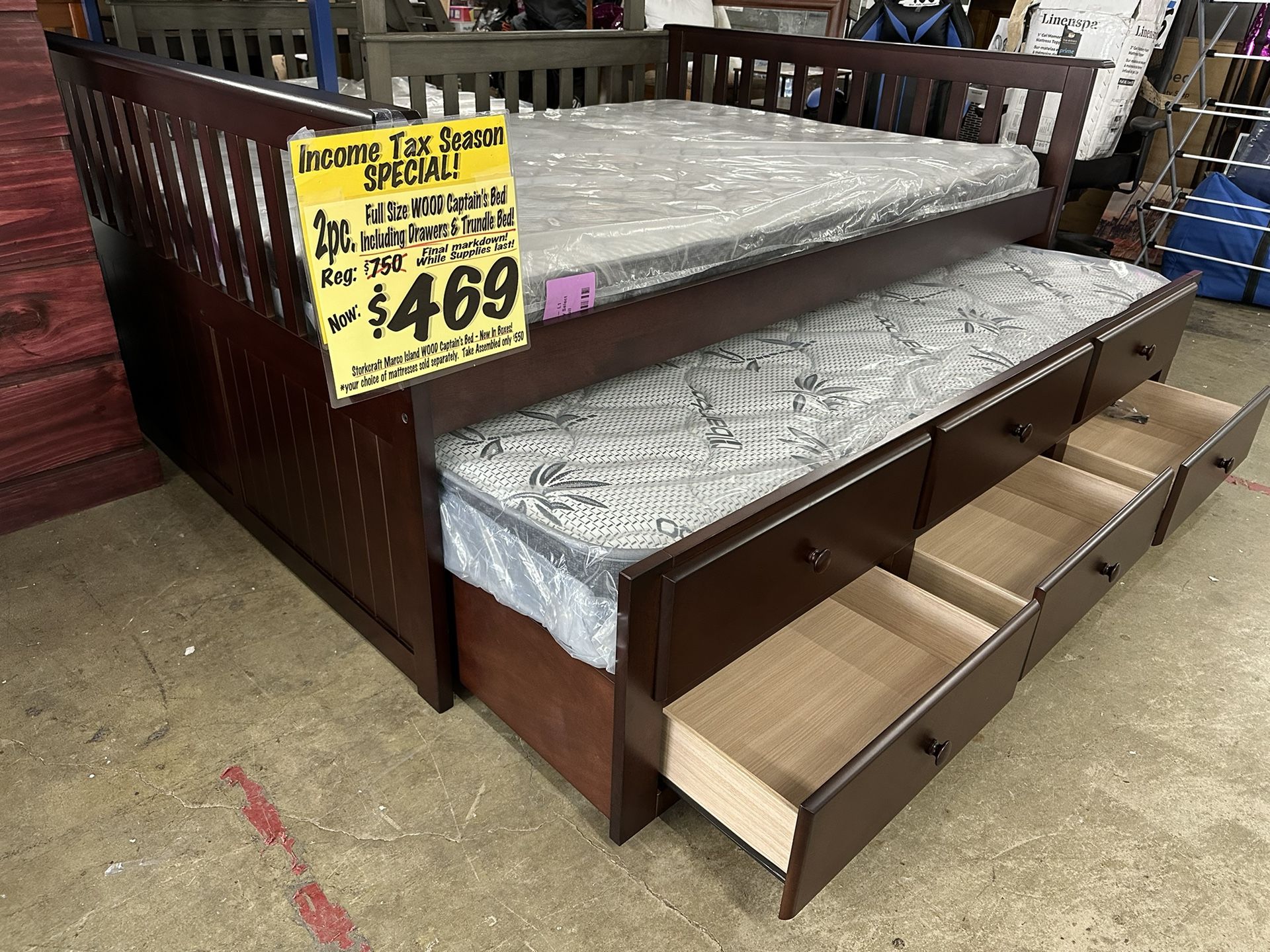 BED SALE! BRAND NEW WOOD Full Size Captain’s Bed with Trundle