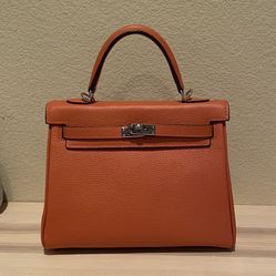 Top Handle Belted Satchel 25cm Orange Leather Inside Out