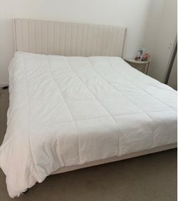 King Size Beige Upholstered Bed Frame w/ Tall Headboard