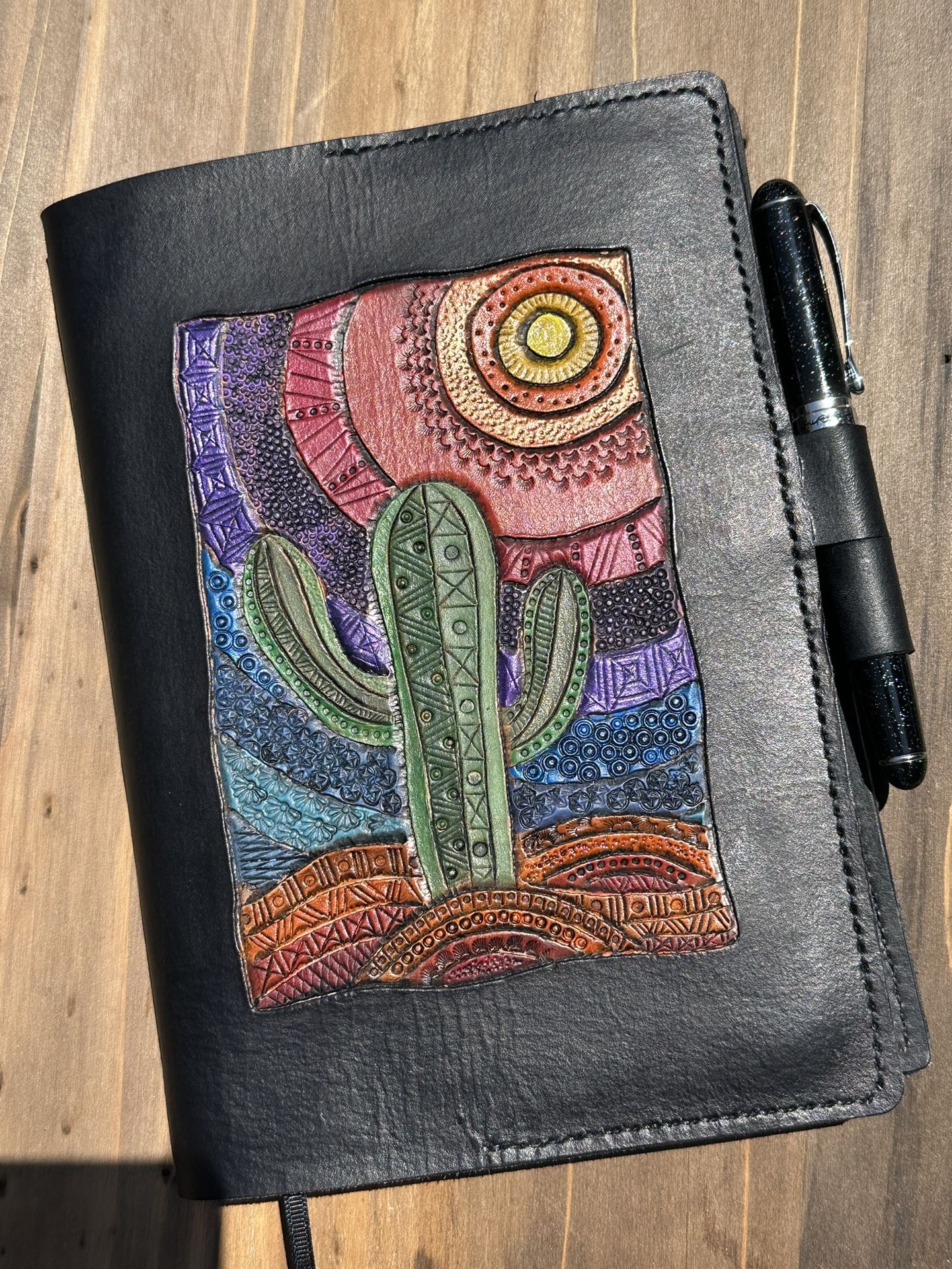 Leather A5 Journal Cover With Handtooled Desert Sunset And Cactus Refillable