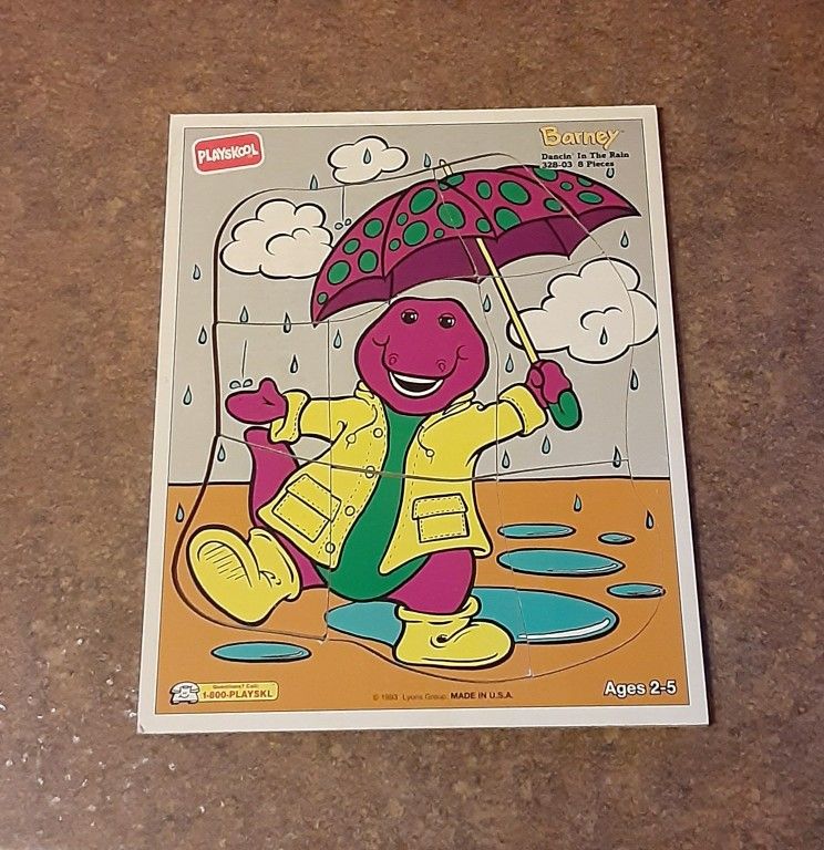 Vintage Playskool "Barney Dancin' In The Rain" Solid Hardwood Frame-Tray Puzzle