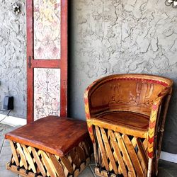 Handmade Mexican Equipale Barrel Chair and Matching Ottoman